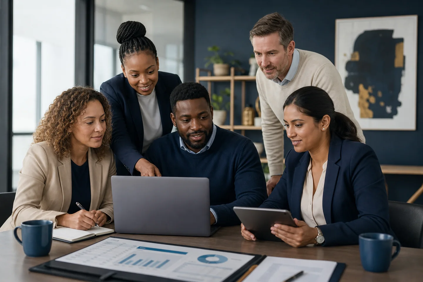 Multiracial South African team working with a digital administration system