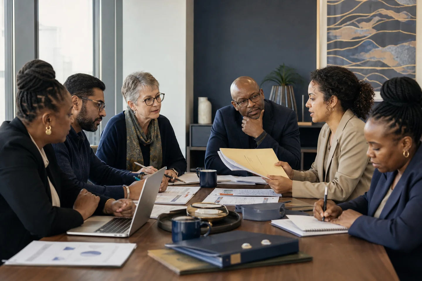 Multiracial South African NGO board reviewing governance documents